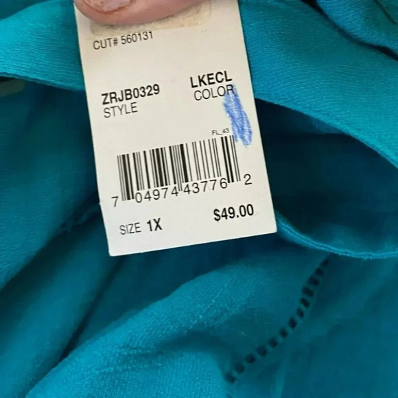 NY Collection woman 1X teal blue peasant style top NWT - Picture 5 of 7